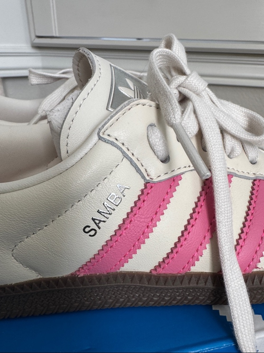 Womens Adidas Samba OG W Cream with Pink Stripes and Brown Sole - Picture 7 of 11